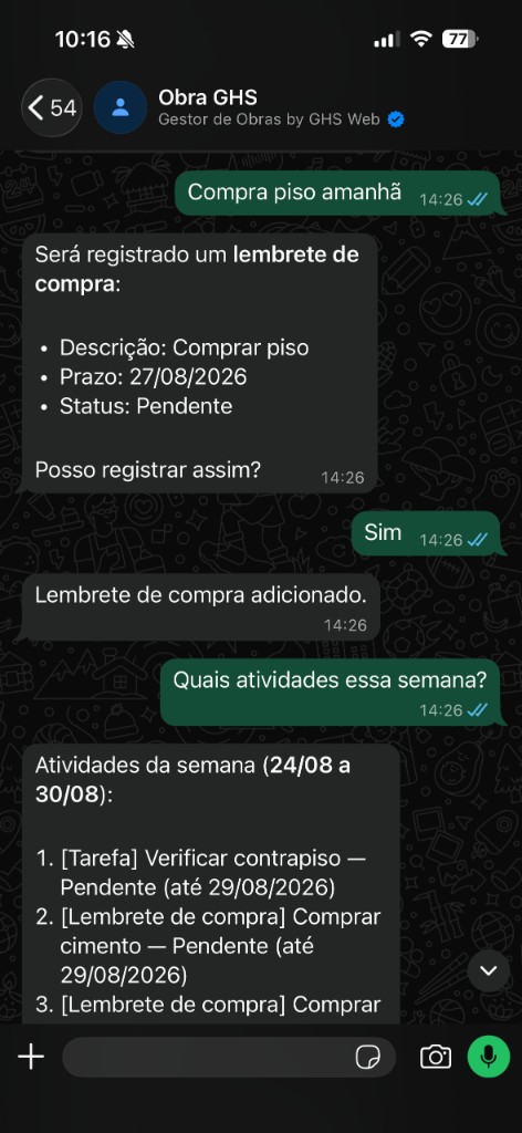 Conversa no WhatsApp com a IA do Aura para lançamentos e lembretes de obra